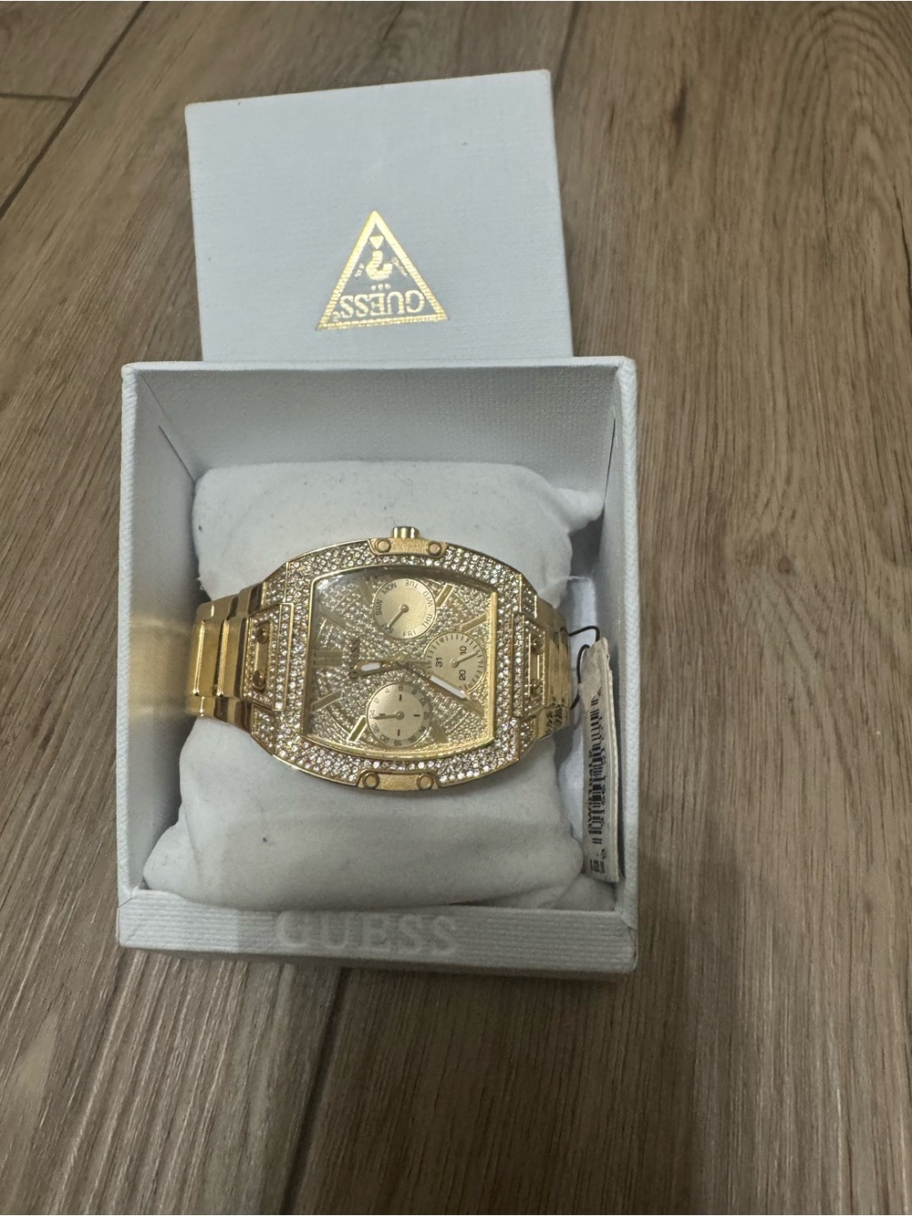 GUESS Gold-Tone Men’s Crystal-Embellished Bracelet Watch